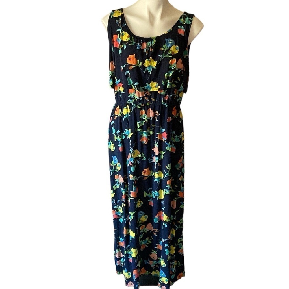 Merona Sleeveless Cape Navy Blue Floral Maxi Dress Casual